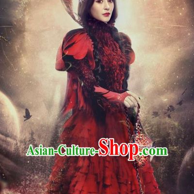Traditional Chinese Ancient Minority Nationality Feather Costume and Headpiece Complete Set for Women