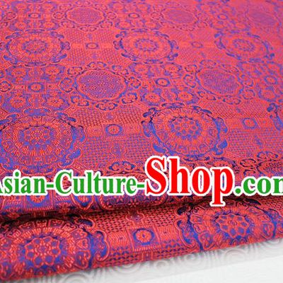 Chinese Traditional Royal Palace Blue Pattern Mongolian Robe Red Brocade Fabric, Chinese Ancient Costume Drapery Hanfu Cheongsam Material