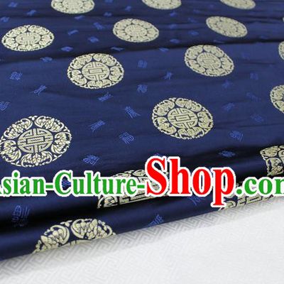 Chinese Traditional Royal Palace Longevity Pattern Mongolian Robe Navy Satin Brocade Fabric, Chinese Ancient Costume Drapery Hanfu Tang Suit Material