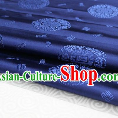 Chinese Traditional Royal Palace Longevity Pattern Mongolian Robe Deep Blue Satin Brocade Fabric, Chinese Ancient Costume Drapery Hanfu Tang Suit Material