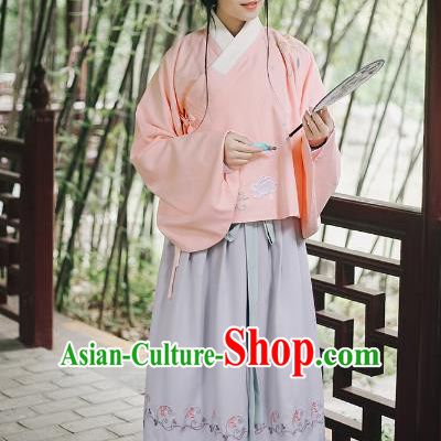 Traditional Chinese Ming Dynasty Young Lady Ancient Princess Hanfu Costume Embroidered Sleeve Placket Blouse and Skirt for Women
