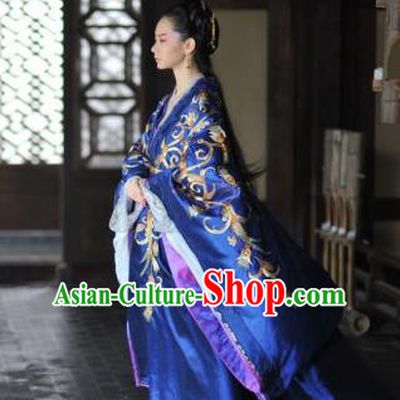 Traditional Ancient Chinese Costume, Elegant Hanfu Clothing, Chinese Han Dynasty Imperial Emperess Tailing Royalblue Embroidered Clothing for Women