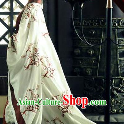Traditional Ancient Chinese Costume, Elegant Hanfu Clothing, Chinese Han Dynasty Imperial Emperess Tailing White Embroidered Clothing for Women