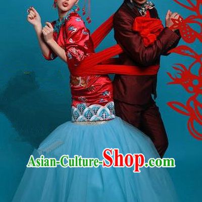Traditional Chinese Wedding Costume, Elegant Chinese Wedding Bride Toast Full Dress Embroidered Clothing for Women