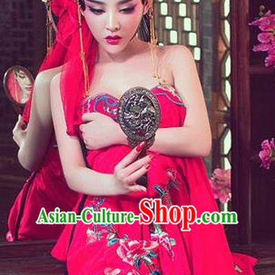 Traditional Ancient Chinese Opera Red Costume, Elegant Hanfu Clothing Chinese Tang Dynasty Hua Tan Water Sleeve Embroidered Clothing for Women