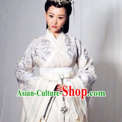 Traditional Ancient Chinese Imperial Consort Costume, Elegant Hanfu Clothing Chinese Han Dynasty Imperial Emperess Tailing Embroidered White Clothing for Women