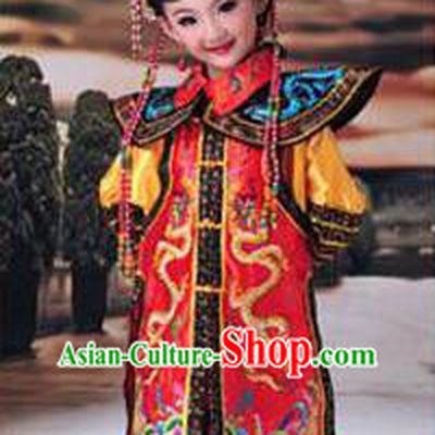 Traditional Ancient Chinese Imperial Princess Children Costume, Chinese Qing Dynasty Manchu Little Girl Phoenix Robe, Cosplay Chinese Concubine Embroidered Clothing for Kids