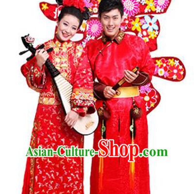 Traditional Ancient Chinese Manchu Wedding Costume, Chinese Qing Dynasty Manchu Wedding Dress, Cosplay Chinese Mandchous Imperial Princess Embroidered Clothing for Women for Men