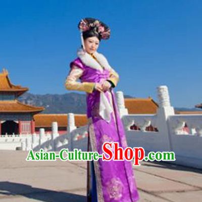 Traditional Ancient Chinese Manchu Costume, Chinese Qing Dynasty Manchu Palace Lady Dress, Cosplay Chinese Mandchous Imperial Concubine Embroidered Clothing for Women