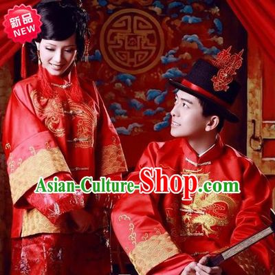Traditional Ancient Chinese Costume Xiuhe Suits, Chinese Style Bride and Bridegroom Wedding Dress, Red Restoring Ancient Longfeng Dragon And Phoenix Flown Toast Cheongsam for Women for Men