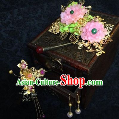 Traditional Handmade Chinese Ancient Classical Opera Hair Accessories, Bride Wedding Coloured Glaze Pink Hair Sticks, Hair Fascinators Hairpins for Women