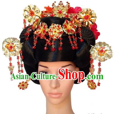 Chinese Wedding Jewelry Accessories Traditional Xiuhe Suits Wedding Bride Headwear, Wedding Hair Accessories, Ancient Chinese Peony Flower Harpins Complete Set for Women