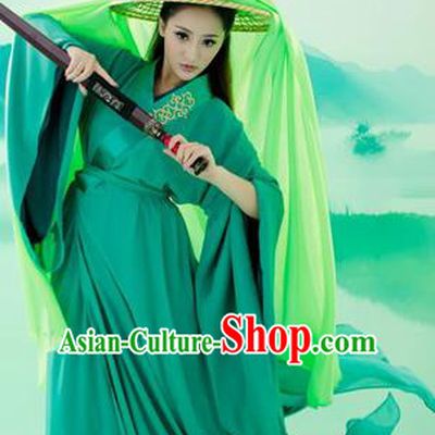 Ancient Chinese Swordsman Green Embroidered Costumes Han Dynasty Clothing for Women
