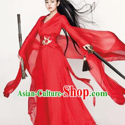 Ancient Chinese Swordsman Elegant Red Costumes Han Dynasty Clothing for Women