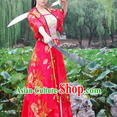 Ancient Chinese Swordsman Red Embroidered Costumes Red Hanfu Dress for Women