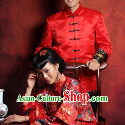 Traditional Ancient Chinese Costume Xiuhe Suits, Chinese Style Bride and Bridegroom Wedding Dress, Red Ancient Dragon And Phoenix Flown Toast Cheongsam for Women for Men