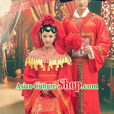 Traditional Ancient Chinese Emperess and Emperor Costume Complete Set, Chinese Han Dynasty Bride and Bridegroom Wedding Red Dress, Chinese Emperess Emperor Trailing Clothing for Women for Men