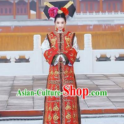 Traditional Ancient Chinese Imperial Consort Costume, Chinese Qing Dynasty Manchu Lady Dress, Chinese Mandarin Phoenix Robes Imperial Concubine Embroidered Clothing for Women