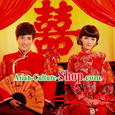 Traditional Ancient Chinese Costume Xiuhe Suits, Chinese Style Bride and Bridegroom Wedding Dress, Red Restoring Ancient Longfeng Flown Toast Cheongsam for Women for Men