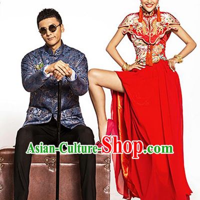 Traditional Ancient Chinese Costume Xiuhe Suits, Chinese Bride and Bridegroom Wedding Full Dress, Red Restoring Ancient Longfeng Dragon and Phoenix Flown Toast Cheongsam for Women for Men