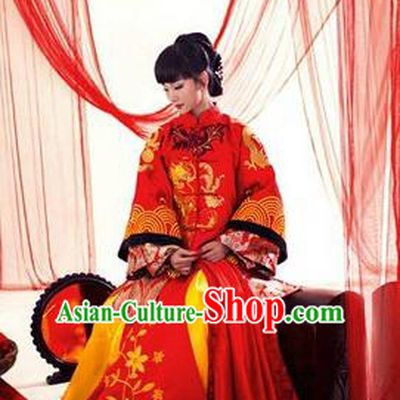 Ancient Chinese Costume Xiuhe Suits Traditional Wedding Dress Red Dragon and Phoenix Flown Cheongsam for Women