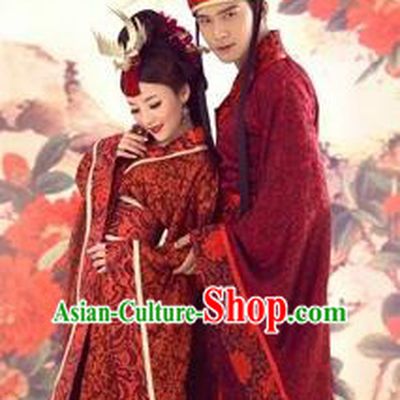 Traditional Ancient Chinese Imperial Emperess and Emperor Red Costume Complete Set, Chinese Han Dynasty Bride and Bridegroom Wedding Dress, Chinese Emperess Emperor Trailing Clothing for Women for Men