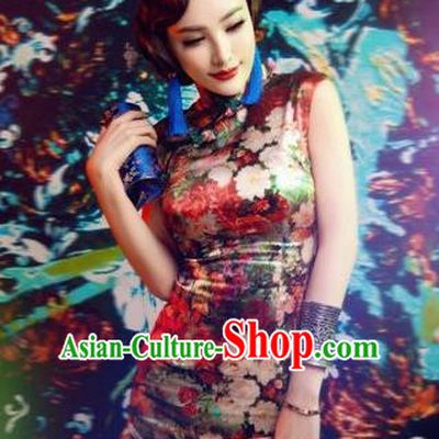 Traditional Ancient Chinese Young Women Cheongsam Dress, Republic of China Tangsuit Stand Collar Brocade Short Cheongsam for Women