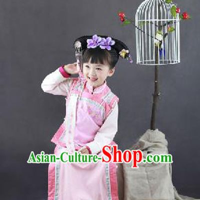 Traditional Ancient Chinese Children Costume, Chinese Qing Dynasty Manchu Little Lady Dress, Chinese Mandarin Robes Imperial Concubine Embroidered Clothing for Kids