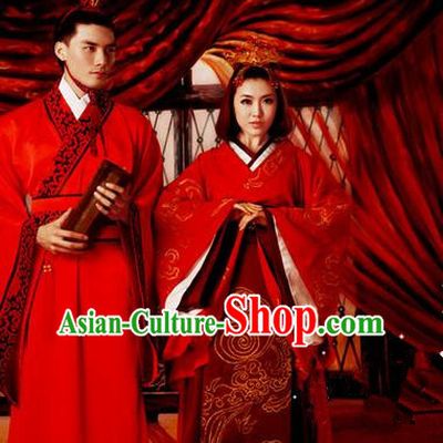 Traditional Ancient Chinese Imperial Emperess and Emperor Costume Complete Set, Chinese Han Dynasty Bride and Bridegroom Wedding Red Dress, Chinese Emperess Emperor Trailing Clothing for Women for Men