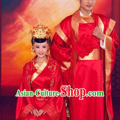 Traditional Ancient Chinese Imperial Consort and Emperor Wedding Costume Set, Elegant Hanfu Red Clothing Chinese Han Dynasty Imperial Queen and King Tailing Embroidered Clothing for Women for Men