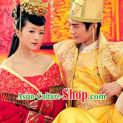 Traditional Ancient Chinese Imperial Consort and Emperor Wedding Costume Set, Elegant Hanfu Red Clothing Chinese Tang Dynasty Imperial Queen and King Tailing Embroidered Clothing for Women for Men