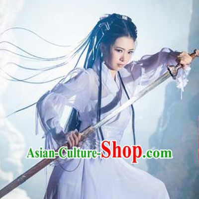 Ancient Chinese Swordsman Elegant Costumes White Hanfu Fairy Clothing for Women