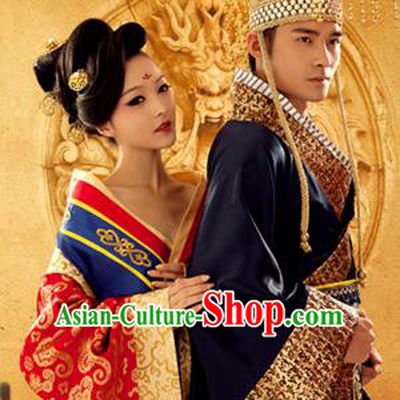 Traditional Ancient Chinese Imperial Consort and Emperor Costume Set, Elegant Hanfu Clothing Chinese Tang Dynasty Imperial Queen and King Tailing Embroidered Clothing for Women for Men