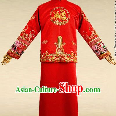 Traditional Ancient Chinese Costume Chinese Style Tang Suit Wedding Red Dress Ancient Long Kylin Flown Mandarin Jacket Groom Toast Clothing for Men