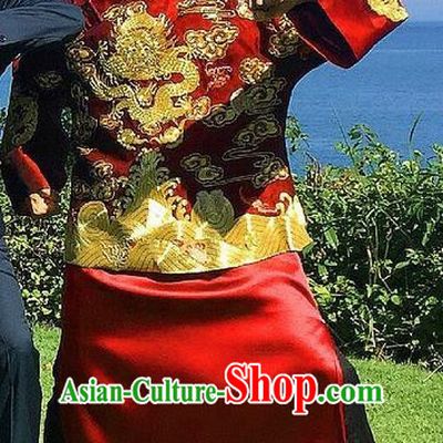 Traditional Ancient Chinese Costume Chinese Style Tang Suit Wedding Red Dress Ancient Long Embroidered Dragon Flown Mandarin Jacket Groom Toast Clothing for Men