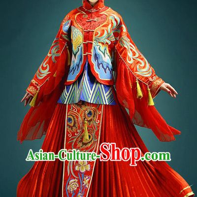 Traditional Ancient Chinese Costume Xiuhe Suits, Chinese Style Wedding Ruffled Cuff Dress, Restoring Ancient Women Red Longfeng Phoenix Flown, Bride Toast Cheongsam for Women