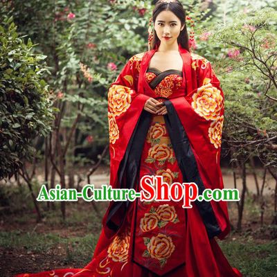 Traditional Ancient Chinese Imperial Consort Wedding Costume, Elegant Hanfu Red Dress, Chinese Tang Dynasty Imperial Emperess Tailing Embroidered Peony Clothing for Women