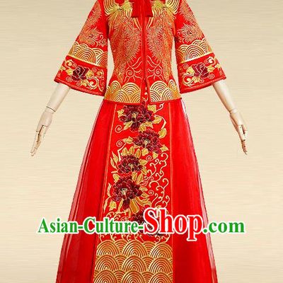Traditional Ancient Chinese Costume Xiuhe Suits, Chinese Style Wedding Bride Dress, Restoring Ancient Women Red Embroidered Phoenix Flown, Bride Toast Cheongsam for Women