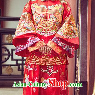 Traditional Ancient Chinese Costume Xiuhe Suits, Chinese Style Wedding Bride Dress, Restoring Ancient Women Red Embroidered Mandarin Duck Flown, Bride Toast Cheongsam for Women