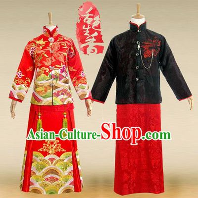 Traditional Ancient Chinese Wedding Costume Complete Set, Chinese Style Wedding Bride and Bridegroom Dress, Restoring Ancient Red Embroidered Dragon and Phoenix Flown, Marriage Toast Cheongsam for Women for Men