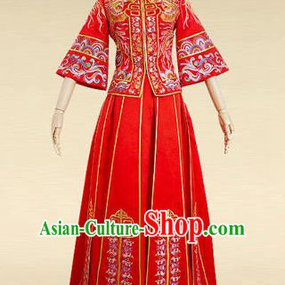Traditional Ancient Chinese Costume Xiuhe Suits, Chinese Style Wedding Bride Full Dress, Restoring Ancient Women Red Embroidered Phoenix Flown, Bride Toast Cheongsam for Women