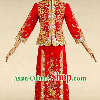 Traditional Ancient Chinese Costume Xiuhe Suits, Chinese Style Wedding Bride Full Dress, Restoring Ancient Women Red Embroidered Dragon and Phoenix Slim Flown, Bride Toast Cheongsam for Women