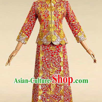 Traditional Ancient Chinese Costume Five God of Goodluck Xiuhe Suits, Chinese Style Wedding Bride Full Dress, Restoring Ancient Women Red Embroidered Dragon and Phoenix Slim Flown, Bride Toast Cheongsam for Women