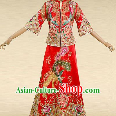 Traditional Ancient Chinese Costume Hot Fix Rhinestone Xiuhe Suits, Chinese Style Wedding Bride Fishtail Full Dress, Restoring Ancient Women Red Embroidered Dragon and Phoenix Slim Flown, Bride Toast Cheongsam for Women