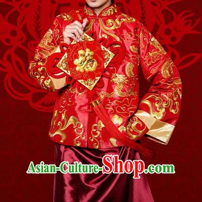 Traditional Ancient Chinese Costume Chinese Style Tang Suit Wedding Red Dress Ancient Long Dragon and Phoenix Flown Mandarin Jacket Groom Toast Clothing for Men