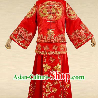 Traditional Ancient Chinese Costume Twin Bliss Xiuhe Suits, Chinese Style Wedding Bride Full Dress, Restoring Ancient Women Red Embroidered Dragon and Phoenix Flown, Bride Toast Cheongsam for Women