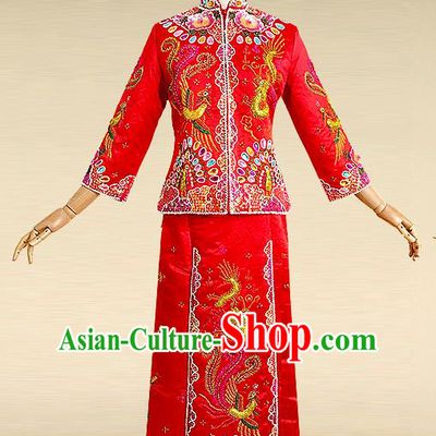 Traditional Ancient Chinese Costume Nail Bead Xiuhe Suits, Chinese Style Wedding Bride Full Dress, Restoring Ancient Women Red Embroidered Dragon and Phoenix Flown, Bride Toast Cheongsam for Women