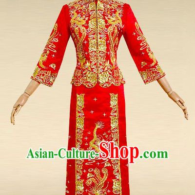 Traditional Ancient Chinese Costume Nail Bead Xiuhe Suits, Chinese Style Wedding Bride Full Dress, Restoring Ancient Women Red Embroidered Dragon and Phoenix Slim Flown, Bride Toast Cheongsam for Women