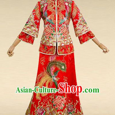 Traditional Ancient Chinese Costume Hot Fix Rhinestone Xiuhe Suits, Chinese Style Wedding Bride Full Dress, Restoring Ancient Women Red Embroidered Dragon and Phoenix Slim Fishtail Flown, Bride Toast Cheongsam for Women