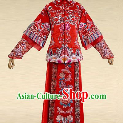 Traditional Ancient Chinese Costume Xiuhe Suits, Chinese Style Wedding Bride Full Dress, Restoring Ancient Women Red Embroidered Flowers Phoenix Slim Flown, Bride Toast Cheongsam for Women